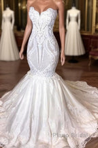 Amazing Long Mermaid Strapless Appliques Lace Wedding Dress
