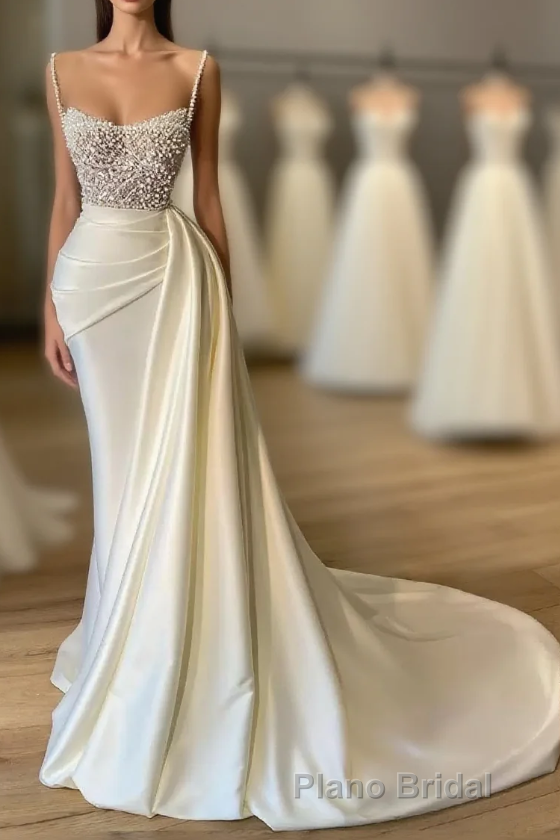 Amazing Long Mermaid Strapless Sequins Pearls Satin Formal Prom Dresses Main image