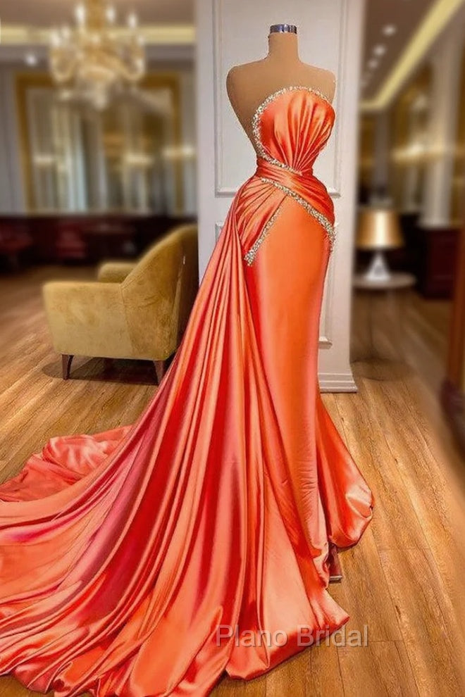 Amazing Orange Crystal Mermaid Formal Prom Dresses With Detachable Train