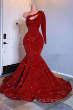 Amazing Red Long Sleeves Formal Prom Dresses One-Shoulder Mermaid With Sequins