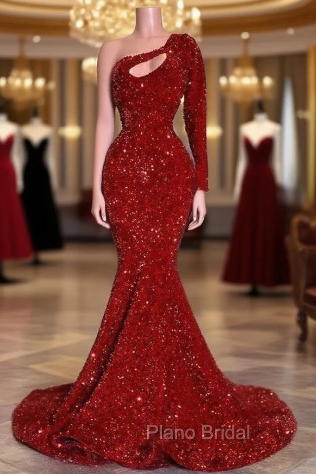 Amazing Red Long Sleeves Formal Prom Dresses One-Shoulder Mermaid With Sequins Main image