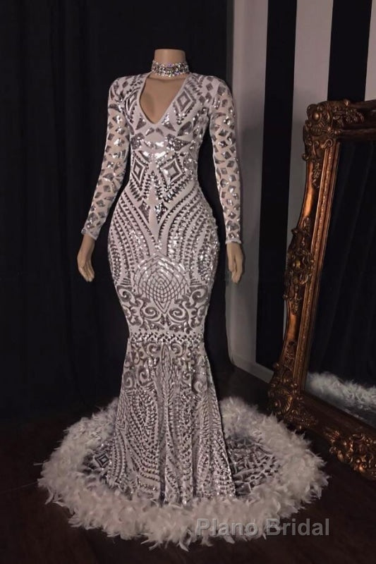 Amazing Sequins V-neck Long Sleeve Mermaid Formal Prom Dresses Secondary image