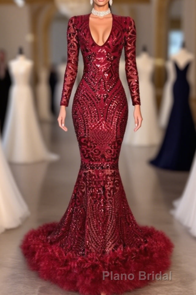 Amazing Sequins V-neck Long Sleeve Mermaid Formal Prom Dresses Main image