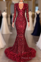 Amazing Sequins V-neck Long Sleeve Mermaid Formal Prom Dresses