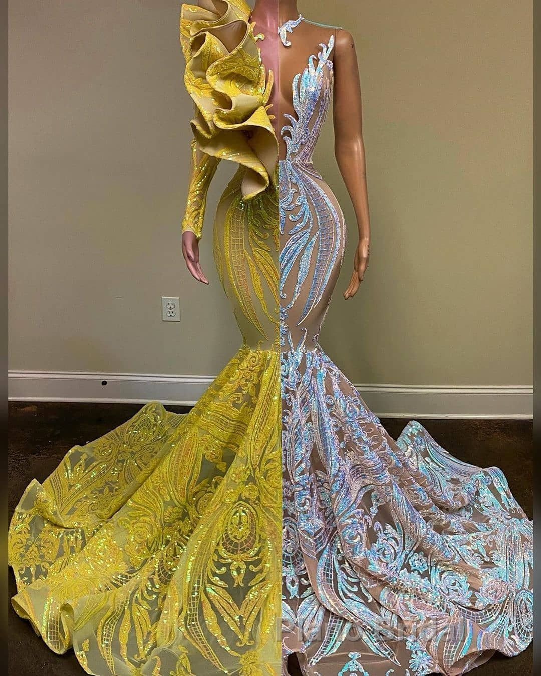 Amazing V-Neck One Shoulder Long Sleeve Long Mermaid Formal Prom Dress Secondary image