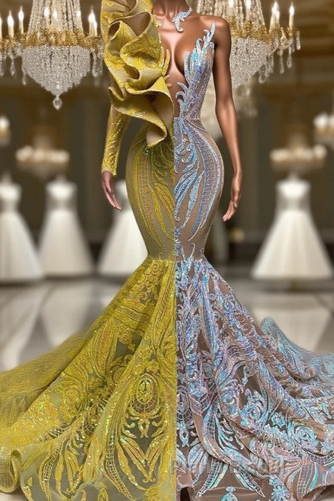 Amazing V-Neck One Shoulder Long Sleeve Long Mermaid Formal Prom Dress Main image