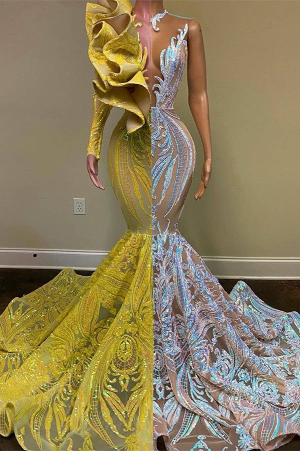 Amazing V-Neck One Shoulder Long Sleeve Long Mermaid Prom Dress Main image