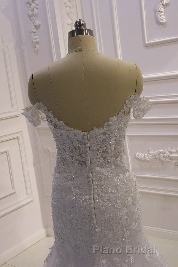 Amazing White 3D Lace applique Off the Shoulder Mermaid Bridal Gowns Secondary image