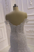 Amazing White 3D Lace applique Off the Shoulder Mermaid Bridal Gowns