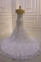 Amazing White 3D Lace applique Off the Shoulder Mermaid Bridal Gowns