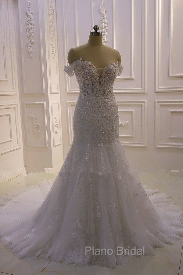 AmazingWhite 3D Lace applique Off the Shoulder Mermaid Bridal Gowns