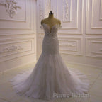 Amazing White 3D Lace applique Off the Shoulder Mermaid Bridal Gowns