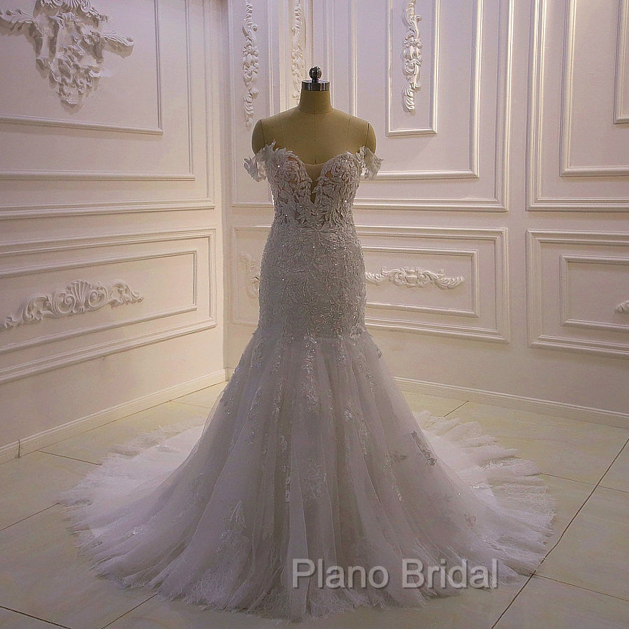 AmazingWhite 3D Lace applique Off the Shoulder Mermaid Bridal Gowns