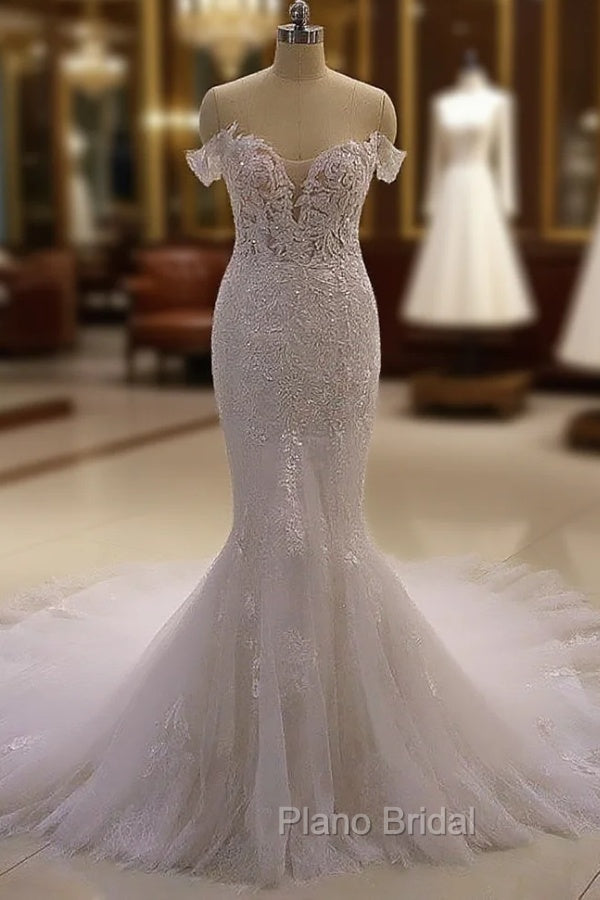 AmazingWhite 3D Lace applique Off the Shoulder Mermaid Bridal Gowns Main image