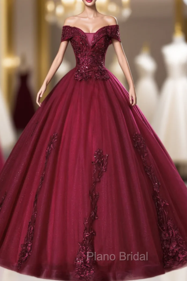 An Extra 40% Off Storewide Burgundy Ball Gown Tulle Appliques Off the Shoulder Quinceanera Dresses Main image