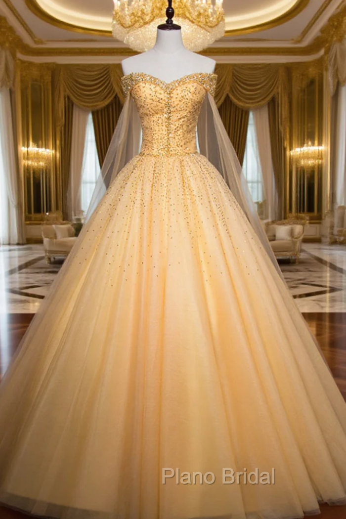 An Extra 40% Off Storewide Fashion Gold Ball Gown Tulle Off the Shoulder Beading Quinceanera Dresses Main image