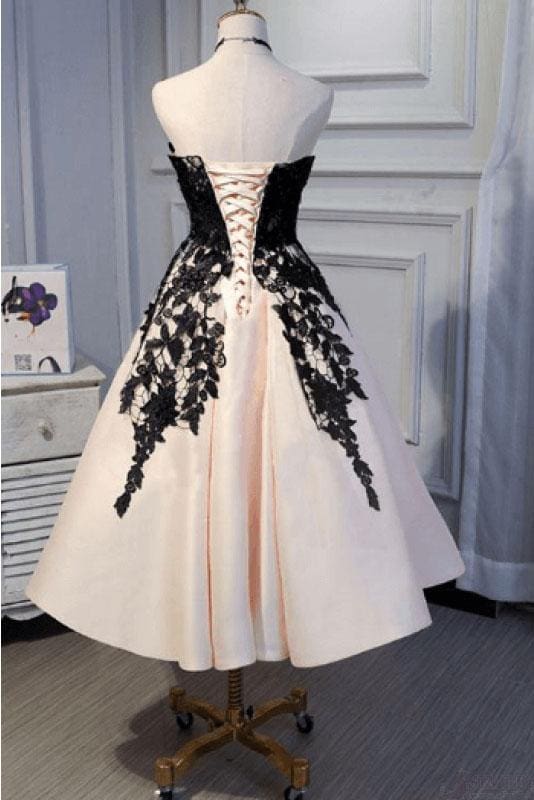 Ankle Length Strapless Formal Prom with Black Lace A Line Princess Homecoming Dresses