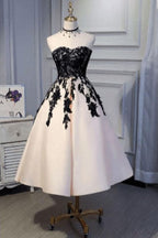 Ankle Length Strapless Formal Prom with Black Lace A Line Princess Homecoming Dresses