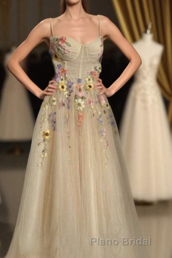 Ankle Length Tulle Straps Formal Prom Dresses with Flowers, A Line Party Gown