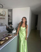 Apple Green Sleeveless Silk Satin Ruffles Formal Prom Formal Evening Dresses