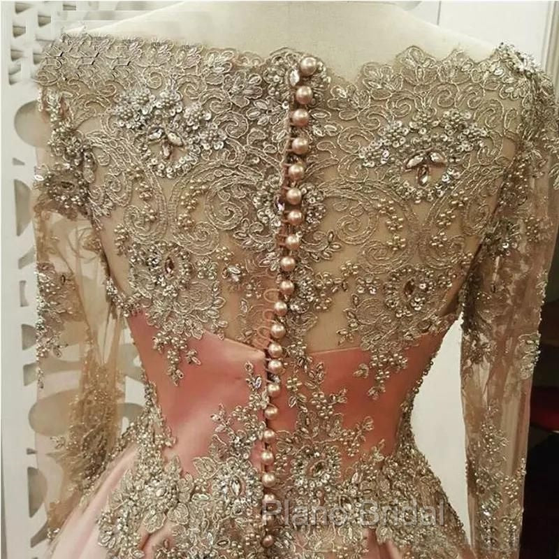 Applique Crystal Jewel Side slit Longsleeves Chic Evening Dresses with Charming Beads