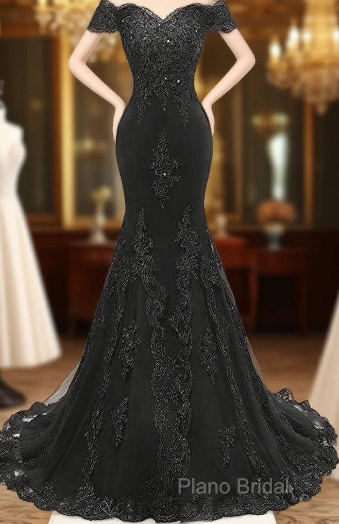 Applique Off The Shoulder Black Mermaid Long Formal Dresses Main image