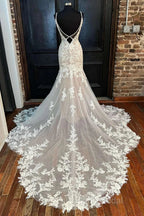 Appliques Backless Trumpet Long Wedding Dresses