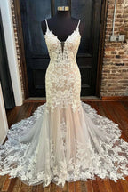 Appliques Backless Trumpet Long Wedding Dresses