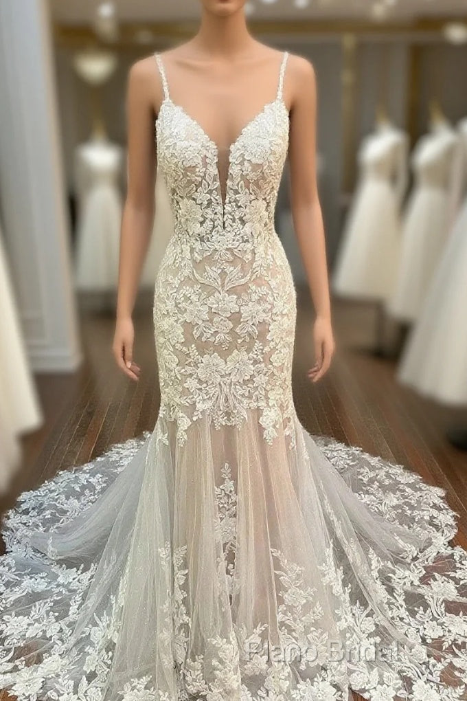 Appliques Backless Trumpet Long Wedding Dresses