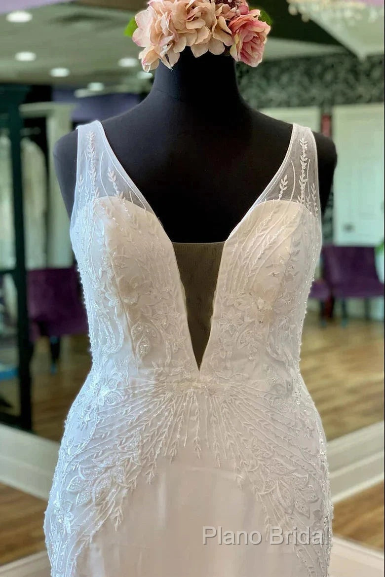 Appliques Sheer Straps Open Back Mermaid Long Wedding Dresses