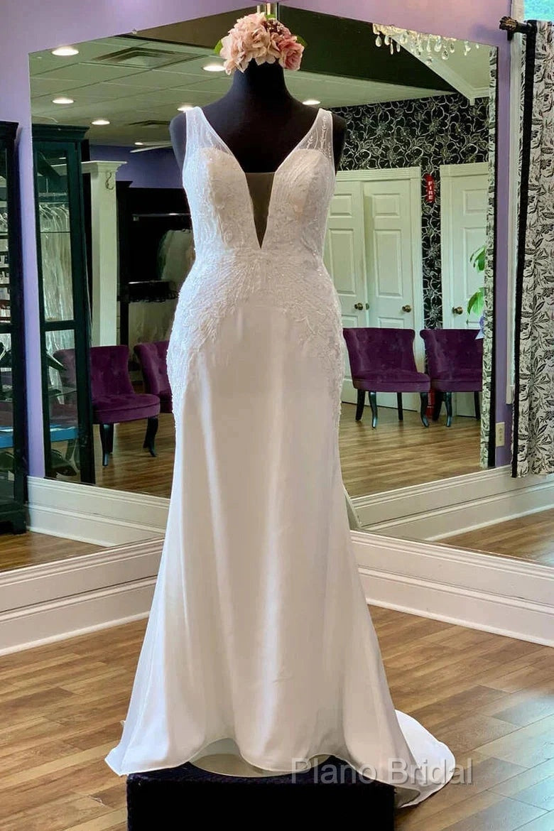Appliques Sheer Straps Open Back Mermaid Long Wedding Dresses