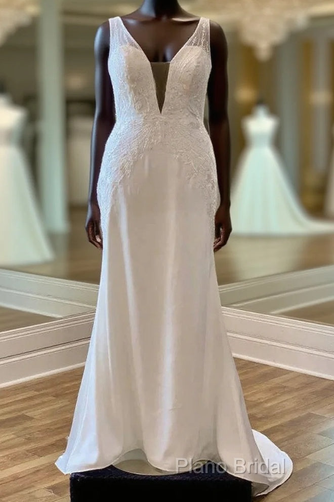 Appliques Sheer Straps Open Back Mermaid Long Wedding Dresses Main image