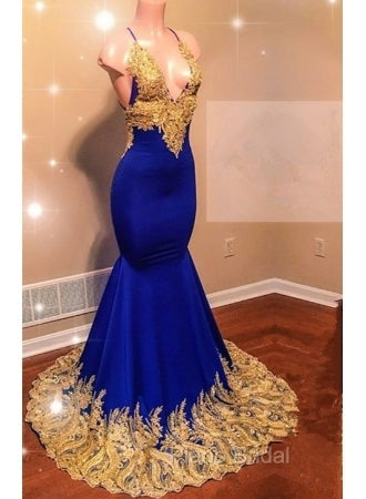 Appliques Spaghetti Sleeveless V-neck Mermaid Formal Prom Dresses