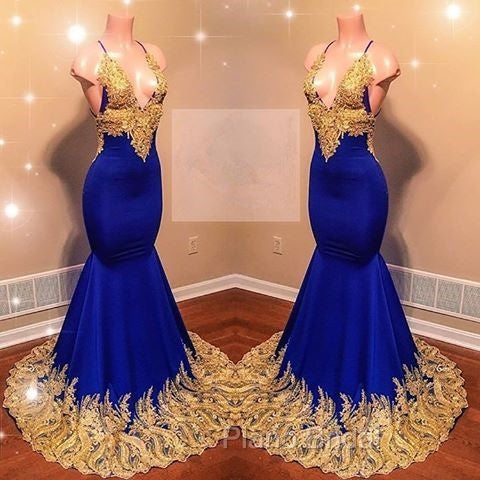 Appliques Spaghetti Sleeveless V-neck Mermaid Formal Prom Dresses