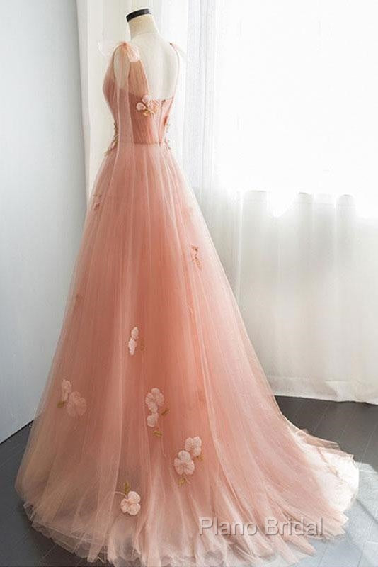Appliques Straps Long Pink Tulle Flowers Formal Prom Dresses Secondary image