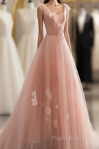 Appliques Straps Long Pink Tulle Flowers Formal Prom Dresses