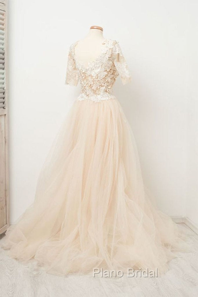 Appliques Tulle Lace Light Champagne Long Formal Prom Dresses Secondary image
