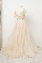 Appliques Tulle Lace Light Champagne Long Formal Prom Dresses