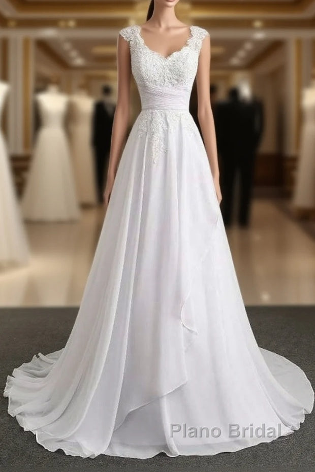 Appliques V-Neck Lace-Up Chiffon Wedding Dresses