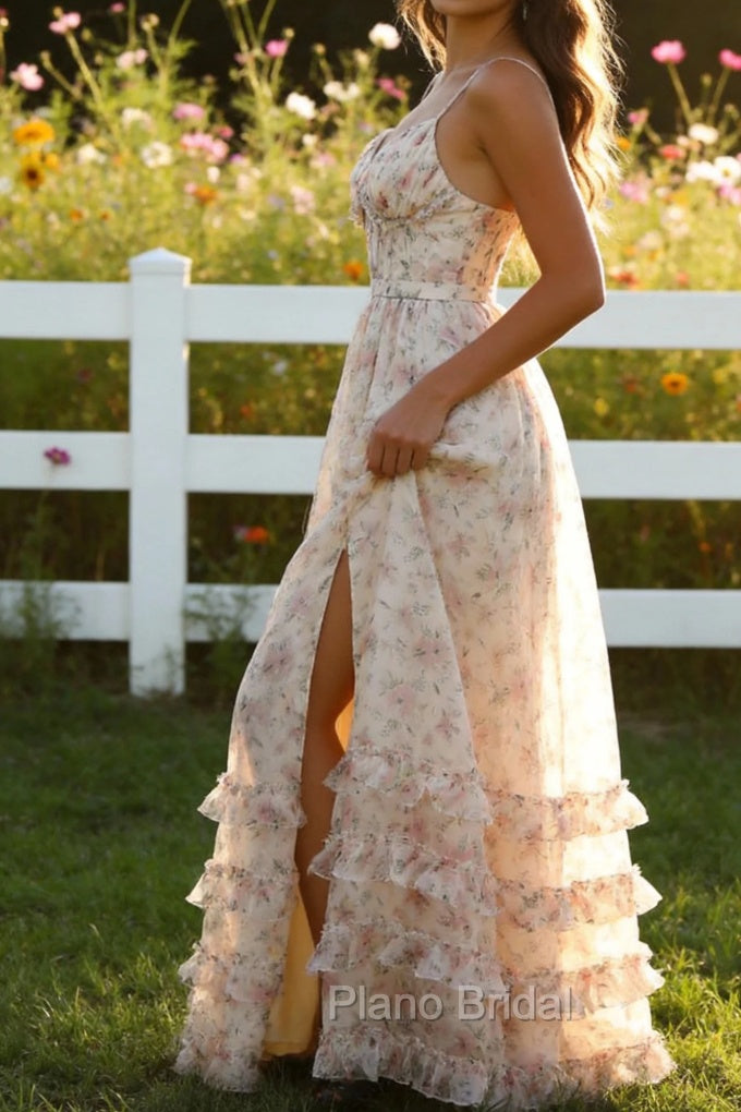 Apricot A Line Print Prom Dress with Slit