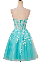 Aqua Blue Strapless A-Line Short Homecoming Dress with Appliques