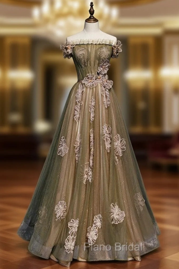 Army Green Tulle Off the Shoulder Formal Prom Dresses