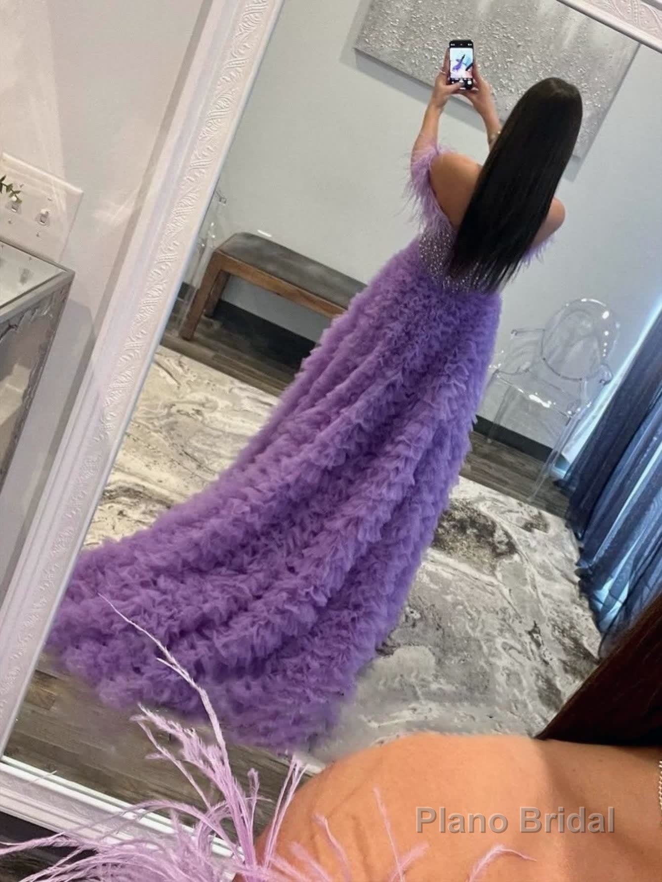 A Line Off the Shoulder Tiered Tulle Prom Dress With Slit Secondary image