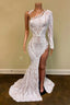 Asymmetrical Mermaid High Split One Shoulder Floor-Length Long Sleeve Appliques Lace Prom Dress