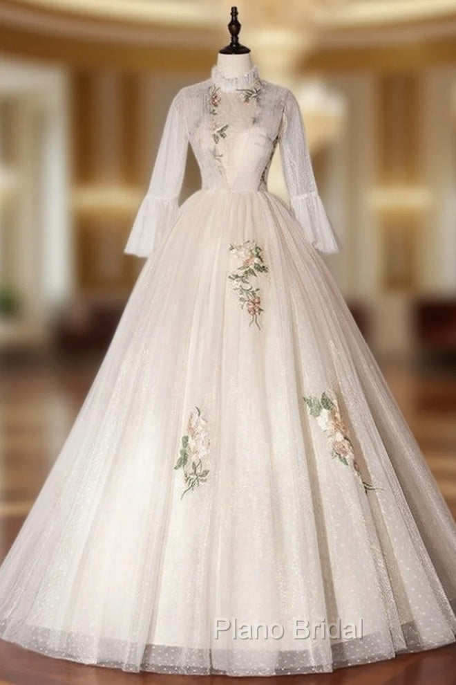 At Great Prices Champagne Ball Gown Tulle Appliques Long Sleeve Quinceanera Dresses Main image