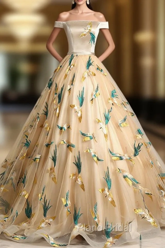 At Great Prices Champagne Gold Ball Gown Tulle Off the Sholuder Embroidery Quinceanera Dresses Main image