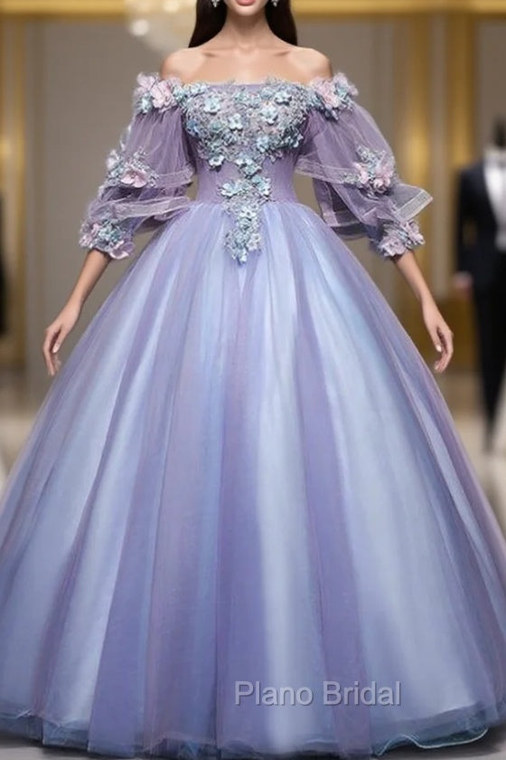At Great Prices Purple Ball Gown Tulle Off the Shoulder Appliques Short Sleeve Quinceanera Dresses Main image