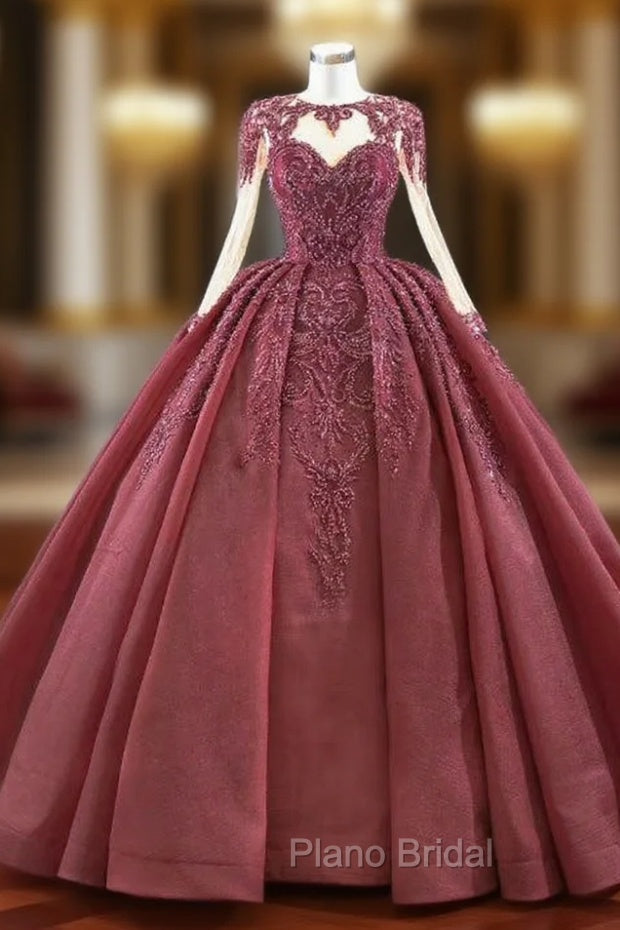 At Incredible Price Burgundy Ball Gown Organza Beading Long Sleeve Formal Prom Dresses Main image