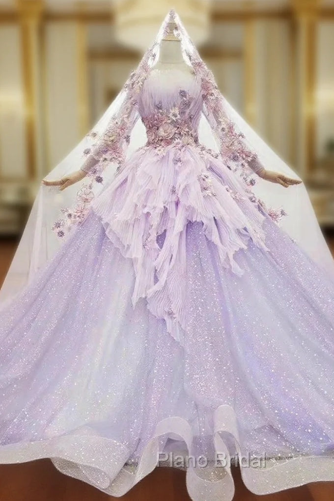 At Incredible Price Purple Ball Gown Tulle Long Sleeve Appliques Pleats Wedding Dresses Main image
