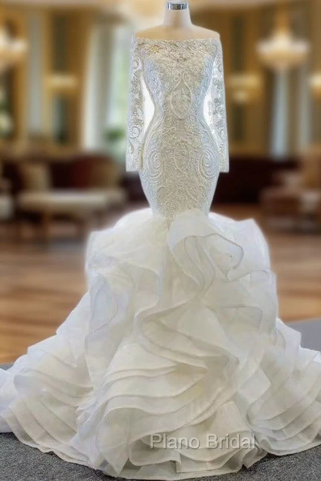 At Incredible Price White Mermaid Tulle Off the Shoulder Long Sleeve Wedding Dresses Main image
